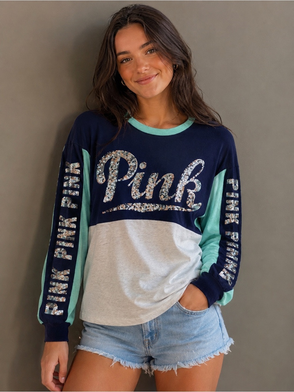 PINK Victoria's Secret Navy & Mint Crewneck Tee Size Xs